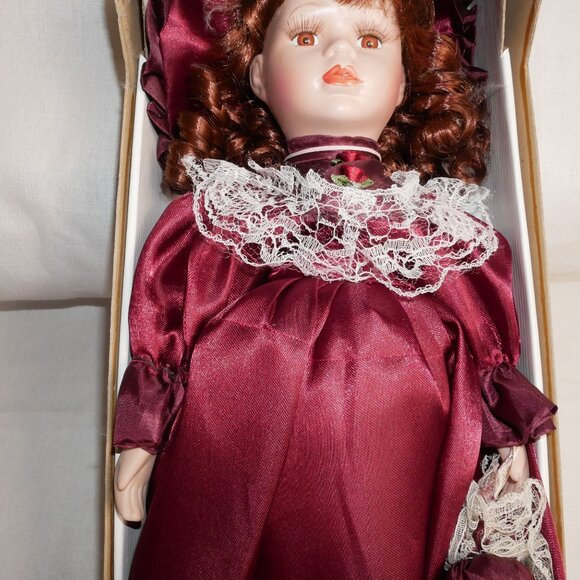Dan Dee Fine Bisque Porcelain Doll In Burgundy Dress With Lace & Bow LE NIB - Picture 5 of 11